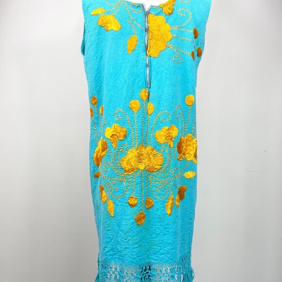 Vintage Boho Summer Shift Dress – Hand Embroidered Orange Floral with Fringe Hem - Picture 10 of 12